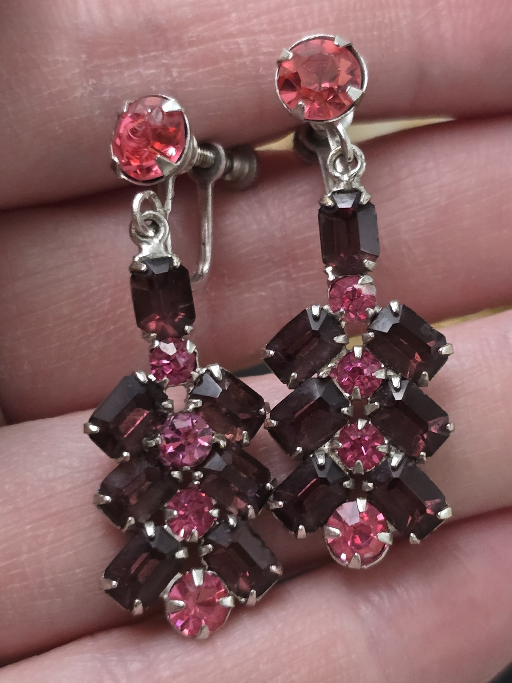 Pink and Burgundy Crystal Drop Earrings Screwback Green Glowers Silver Tone
